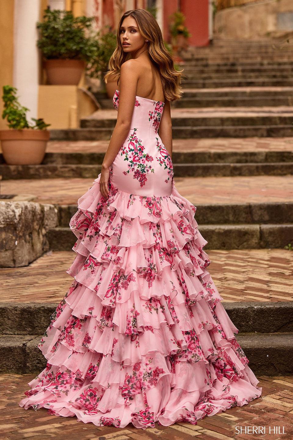Sherri Hill Strapless Floral Taffeta Mermaid Gown With Chiffon Ruffle Skirt Slit