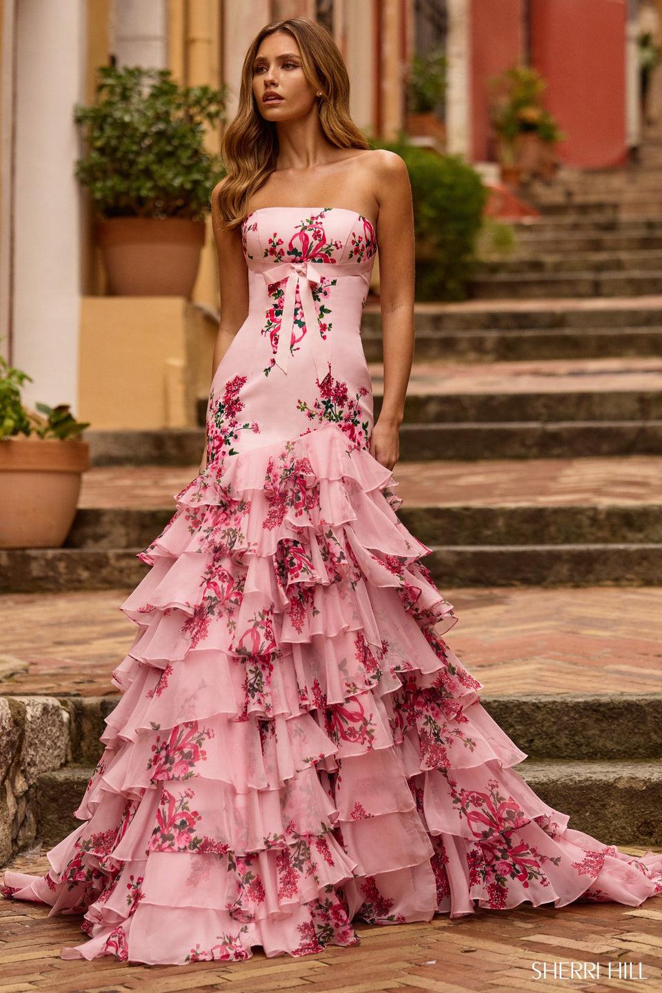 sherri hill Strapless floral taffeta mermaid gown with chiffon ruffle skirt slit