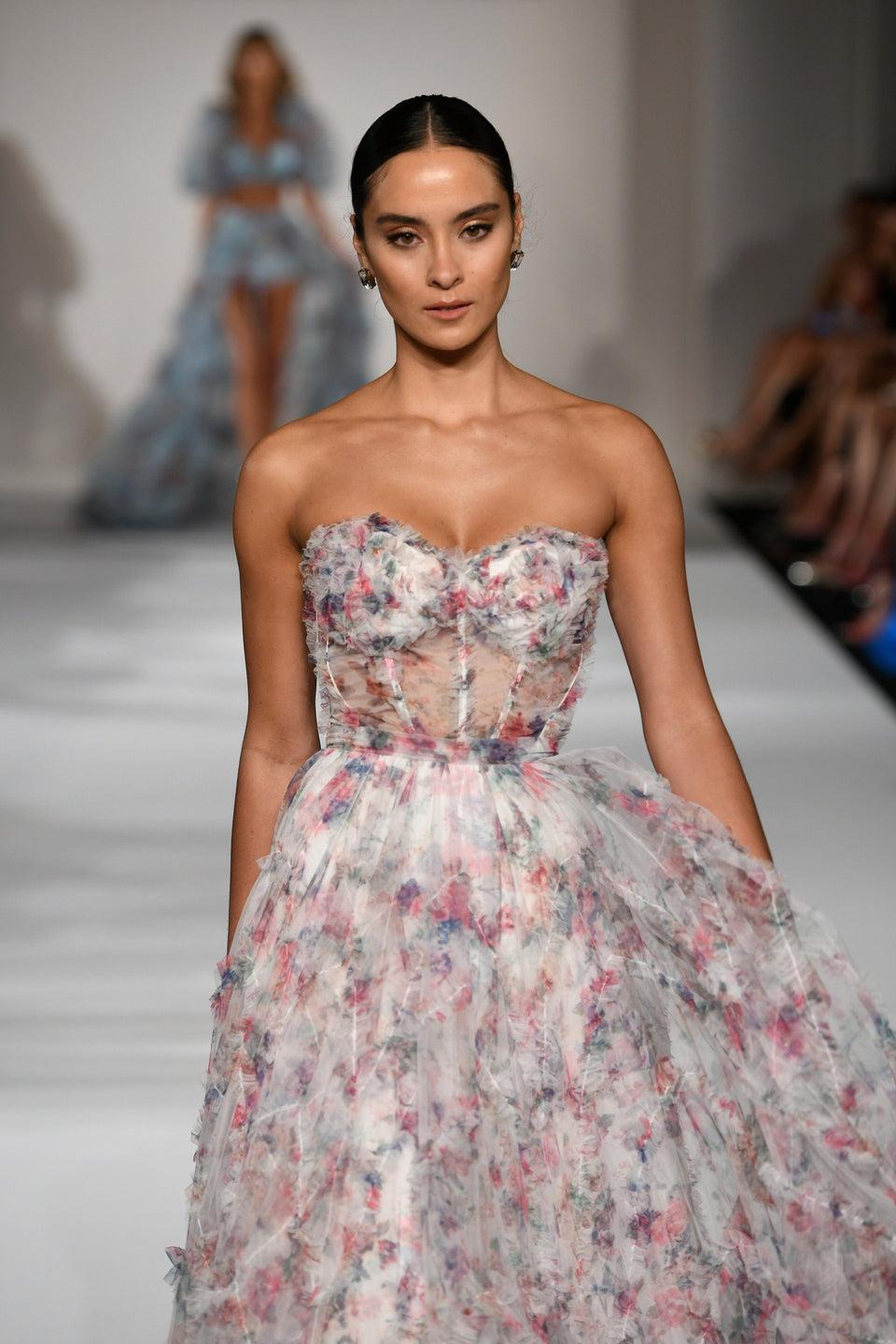 Sherri Hill Strapless Floral Tulle Print Ball Gown With Ruffle Embellishments And Sheer Corset Bodice