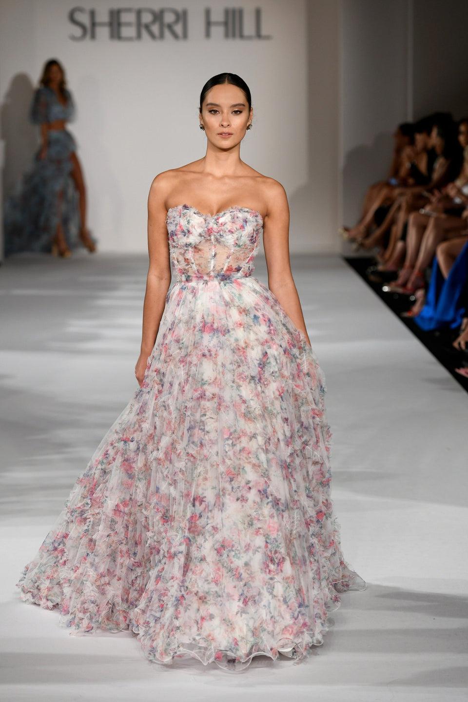 Sherri Hill Strapless Floral Tulle Print Ball Gown With Ruffle Embellishments And Sheer Corset Bodice