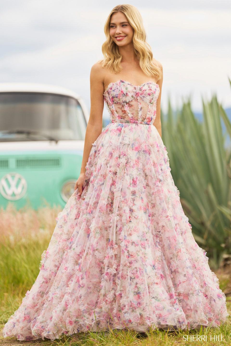 Sherri Hill Strapless Floral Tulle Print Ball Gown With Ruffle Embellishments And Sheer Corset Bodice