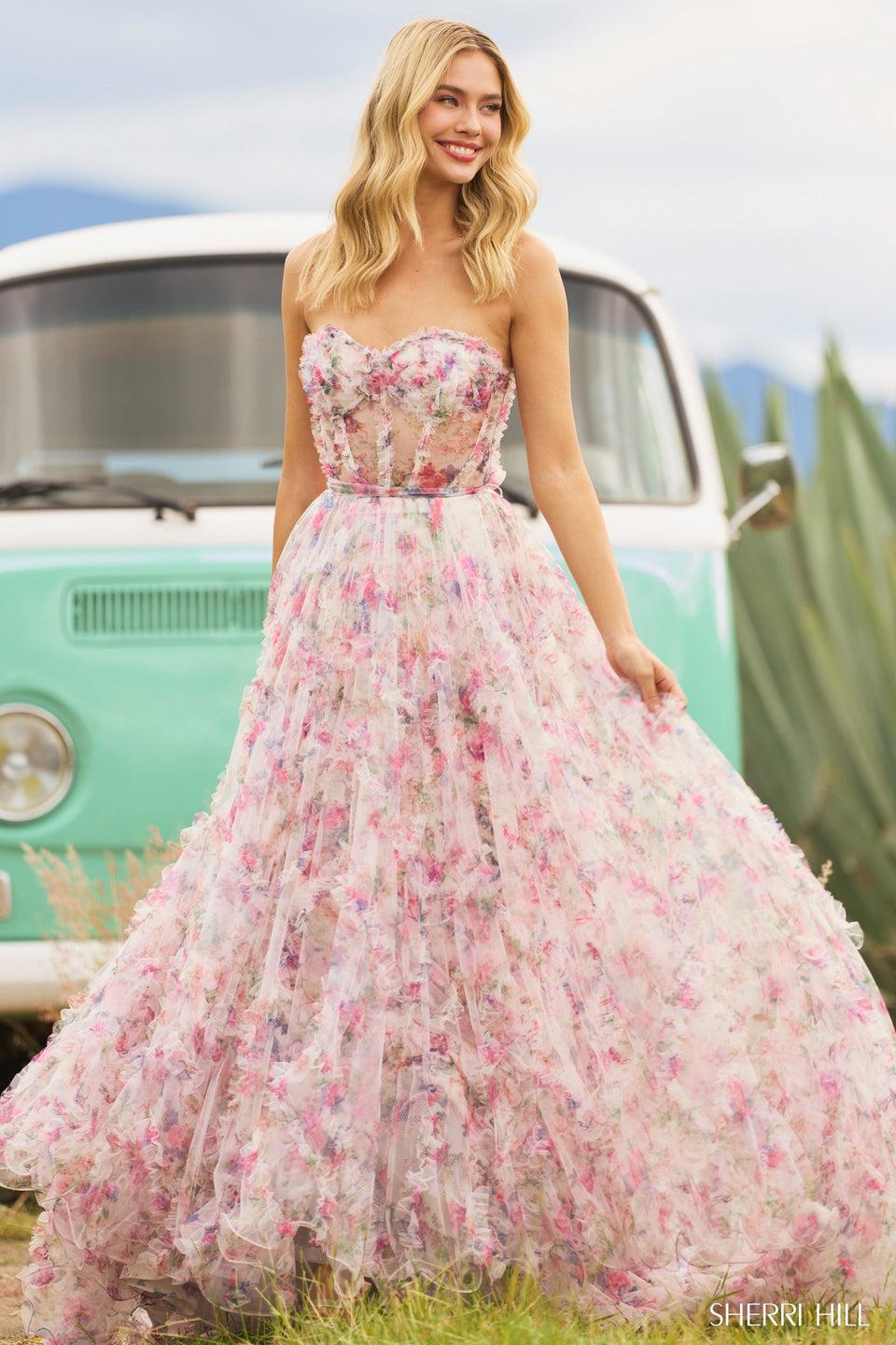 sherri hill Strapless floral tulle print ball gown with ruffle embellishments and sheer corset bodice sherri hill Strapless floral tulle print ball gown with ruffle embellishments and sheer corset bodice