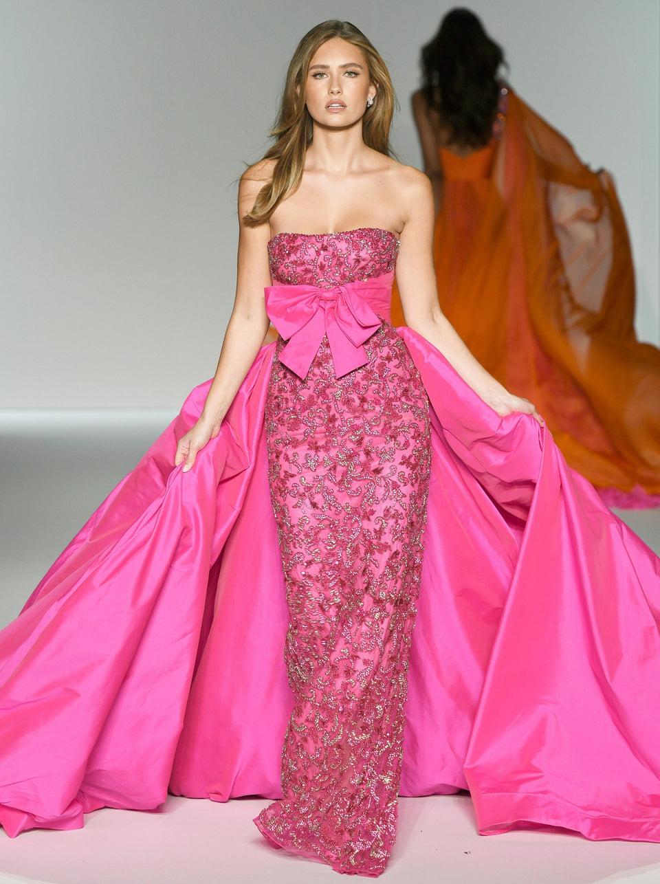 Sherri Hill Strapless Fully Beaded Fitted Gown With Taffeta Overskirt And Bow On Bodice