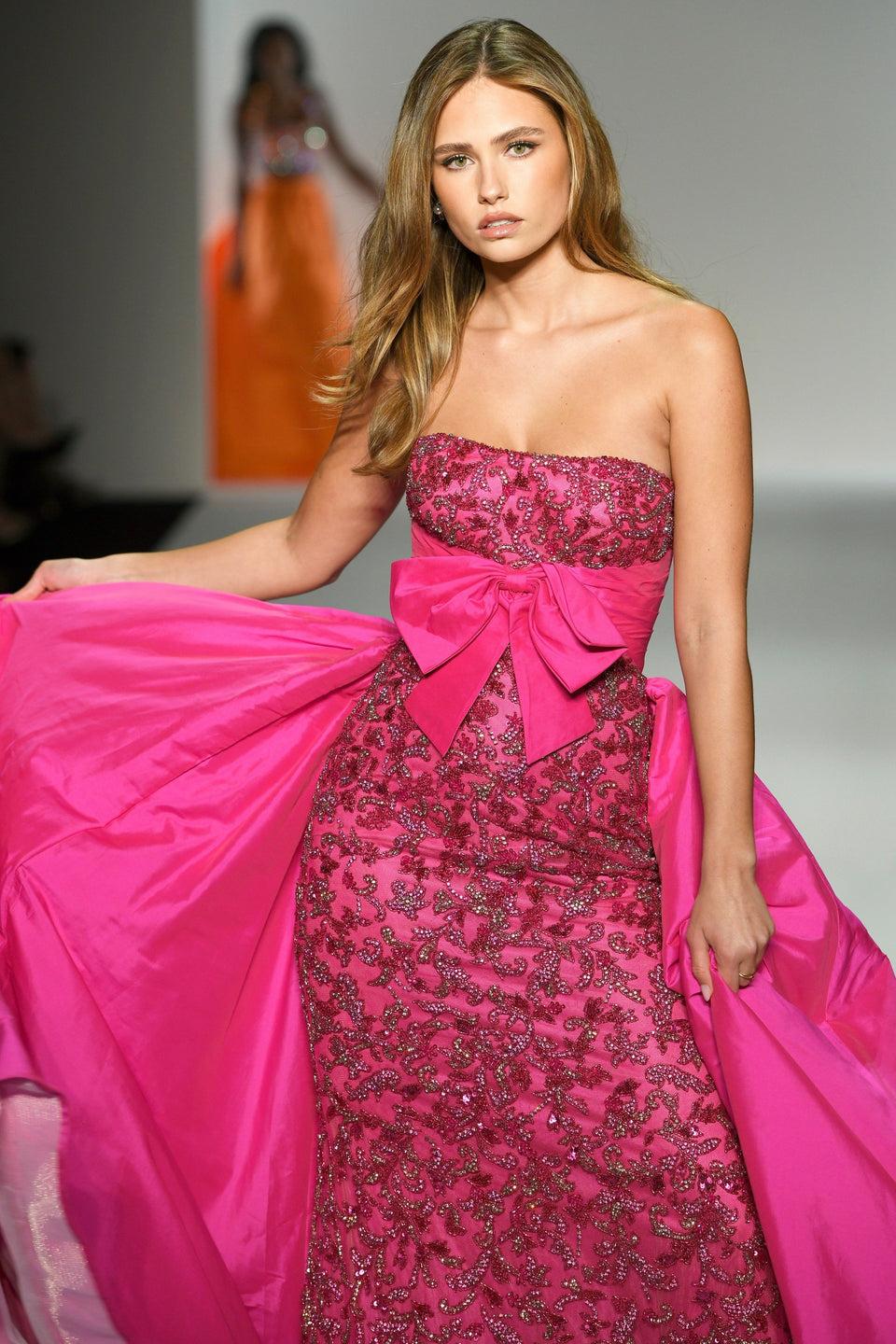 sherri hill Strapless fully beaded fitted gown with taffeta overskirt and bow on bodice