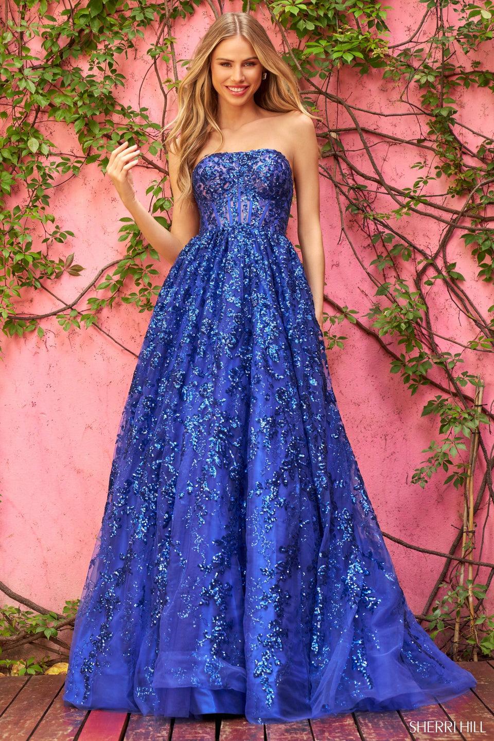 Sherri Hill Strapless Glitter Laced Embellished Ballgown