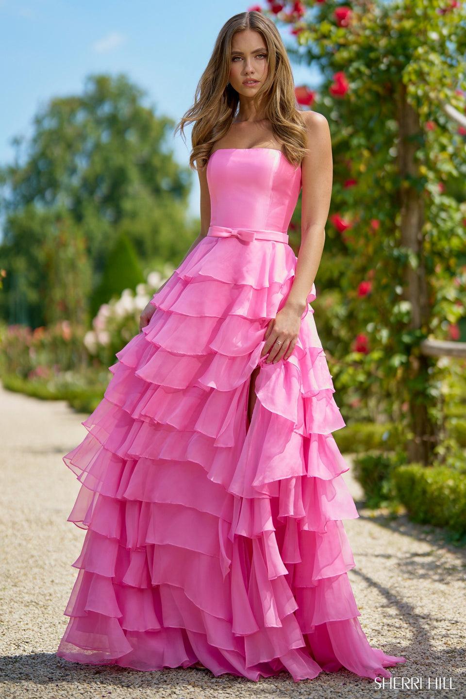 sherri hill Strapless gown with a mikado bodice and chiffon ruffle skirt slit