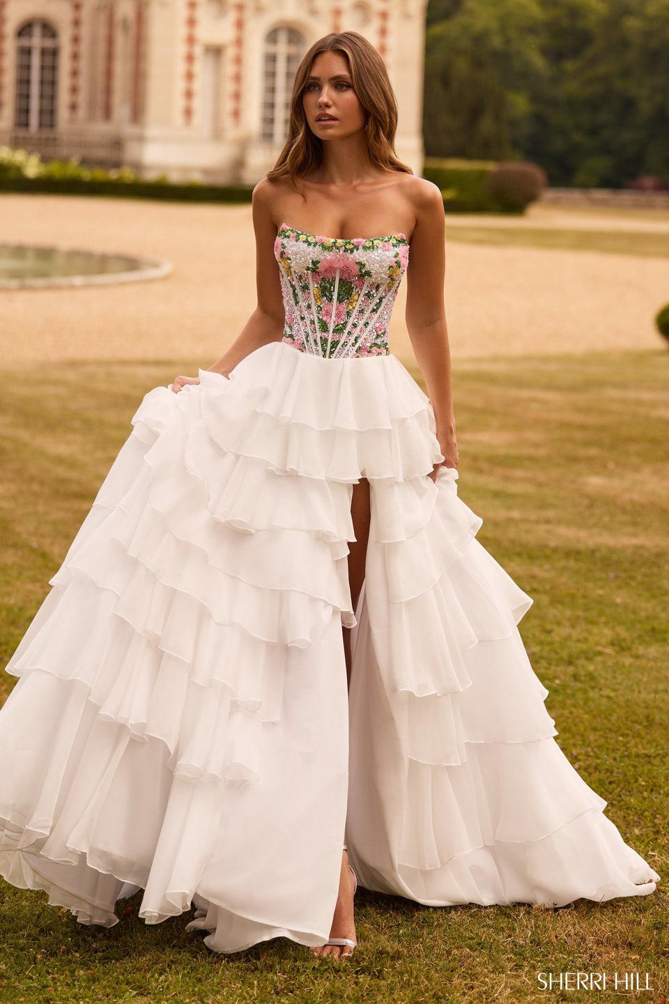 Sherri Hill Strapless Gown With Beaded Corset Bodice And A Chiffon Ruffle Skirt With Slit