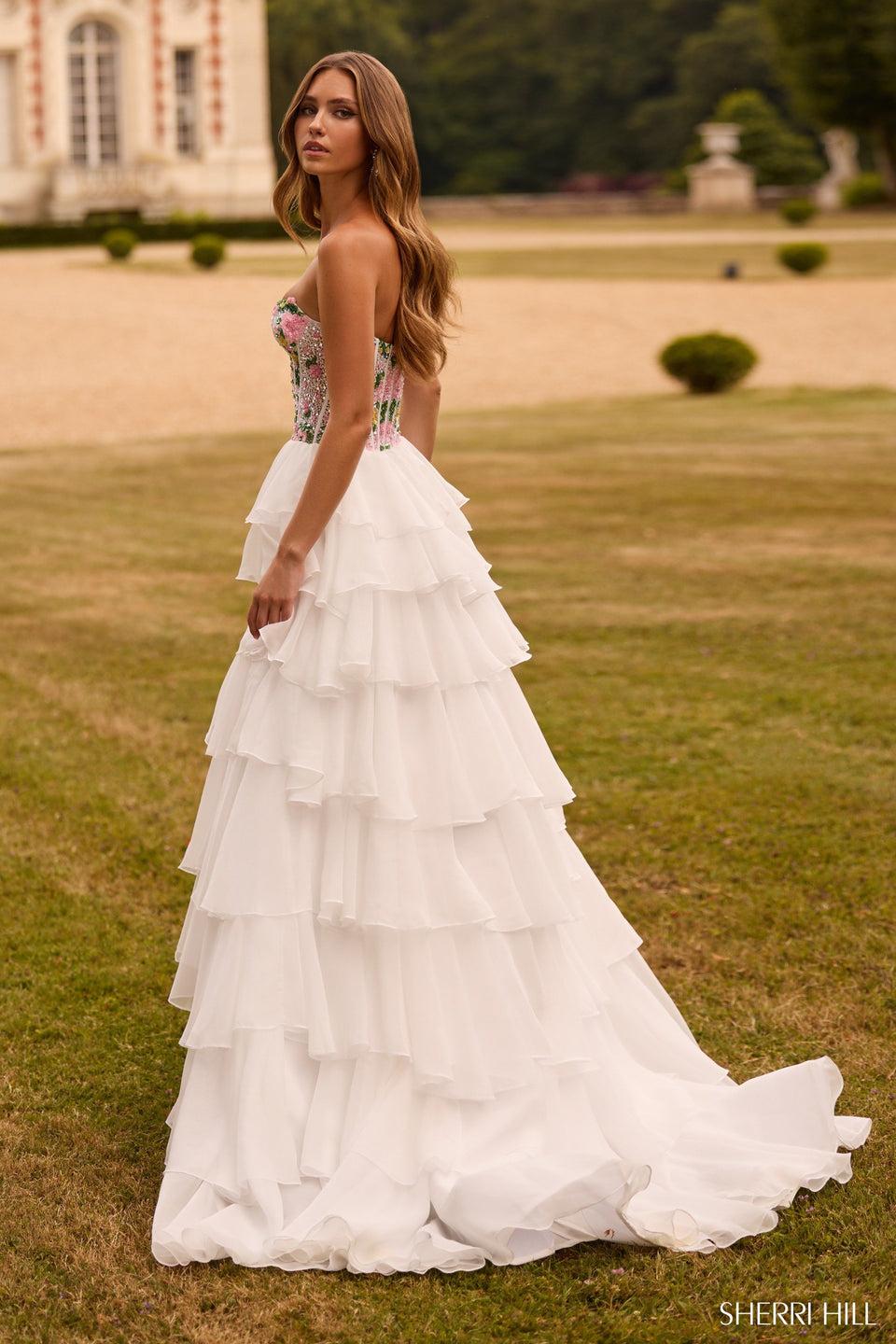 Sherri Hill Strapless Gown With Beaded Corset Bodice And A Chiffon Ruffle Skirt With Slit