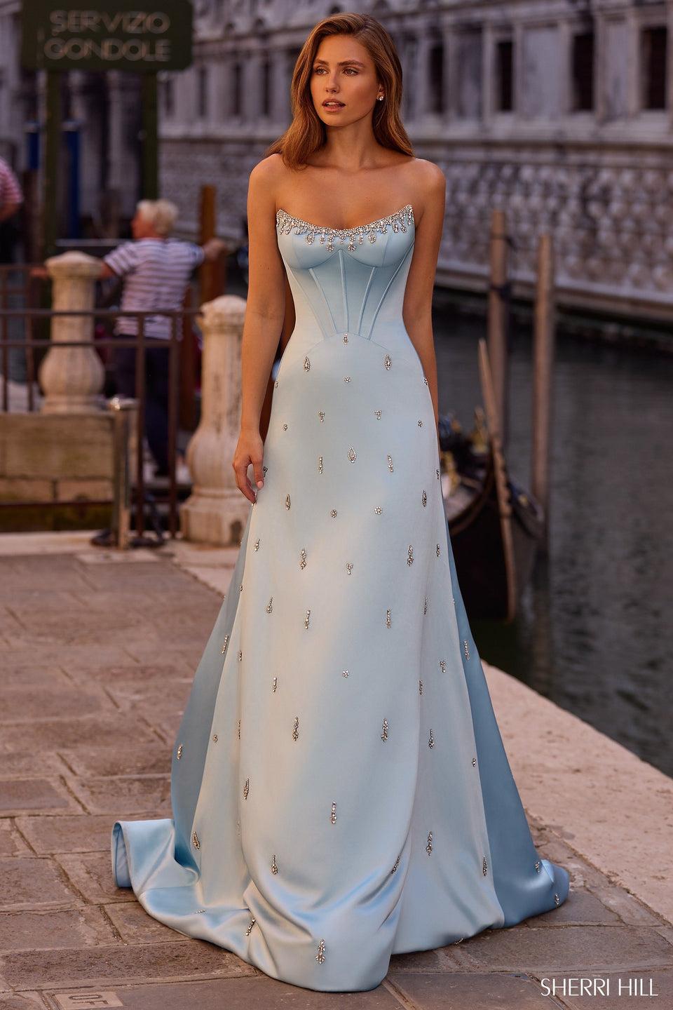 sherri hill Strapless gown with corset bodice and bead embellishments