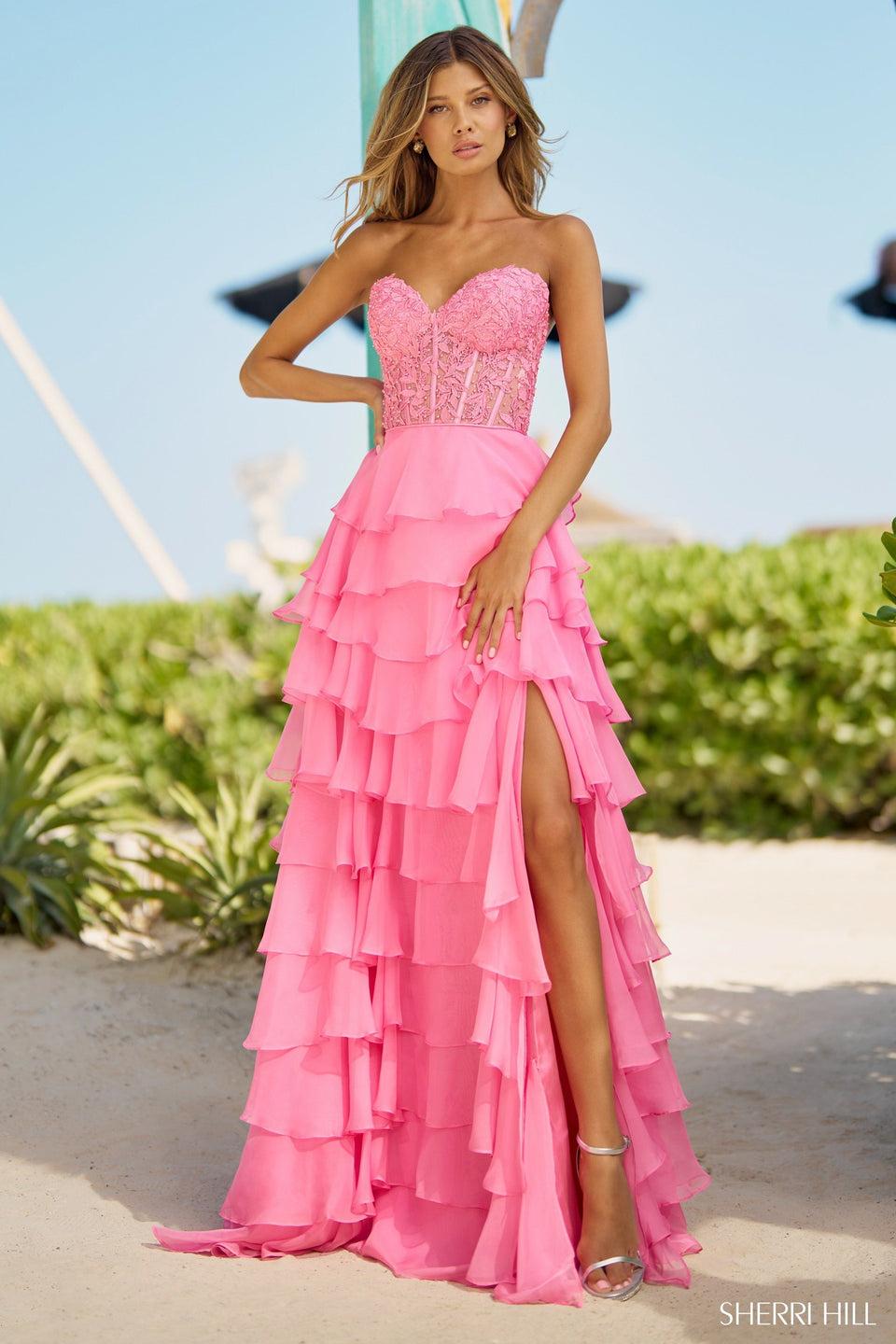 sherri hill Strapless gown with leaf lace corset top chiffon ruffle skirt with slit and lace up back