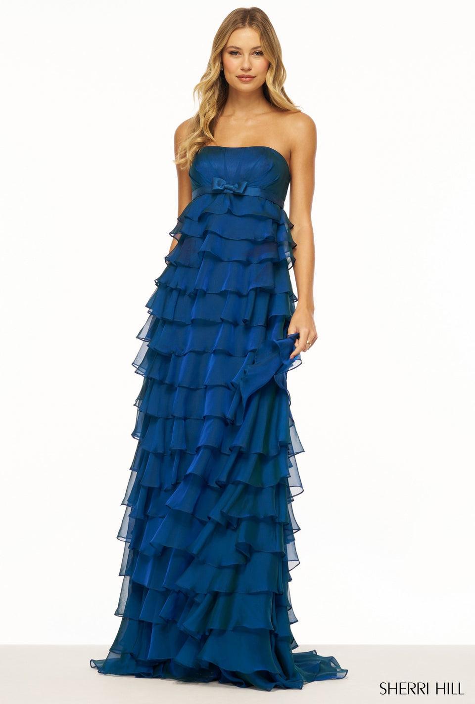 Sherri Hill Strapless Gown With Ruffle Skirt And Bow Embellishment