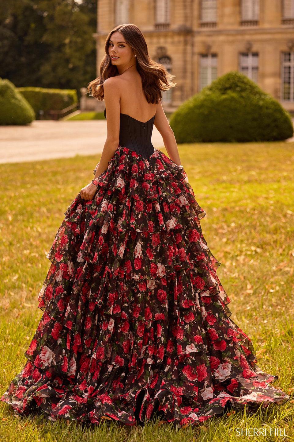 sherri hill Strapless gown with satin corset bodice and a floral chiffon ruffle skirt