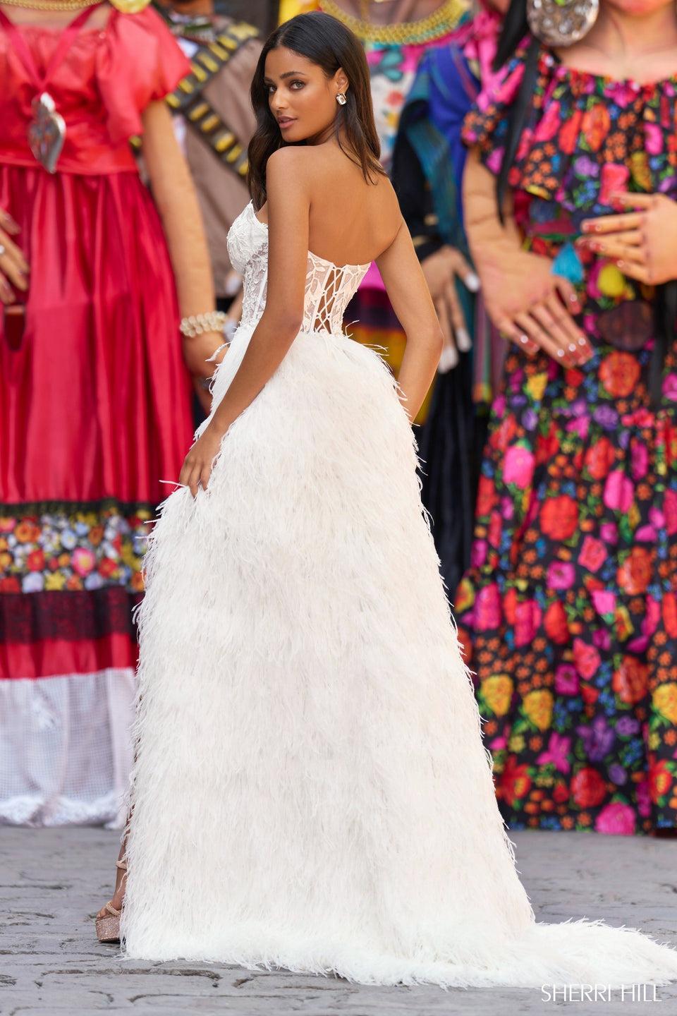 Sherri Hill Strapless Gown With Sheer Corset Bodice And Feathered Skirt With Slit
