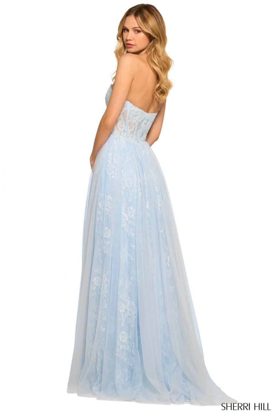 Sherri Hill Strapless Gown With Sheer Sequin Lace Corset Bodice And Tulle Skirt