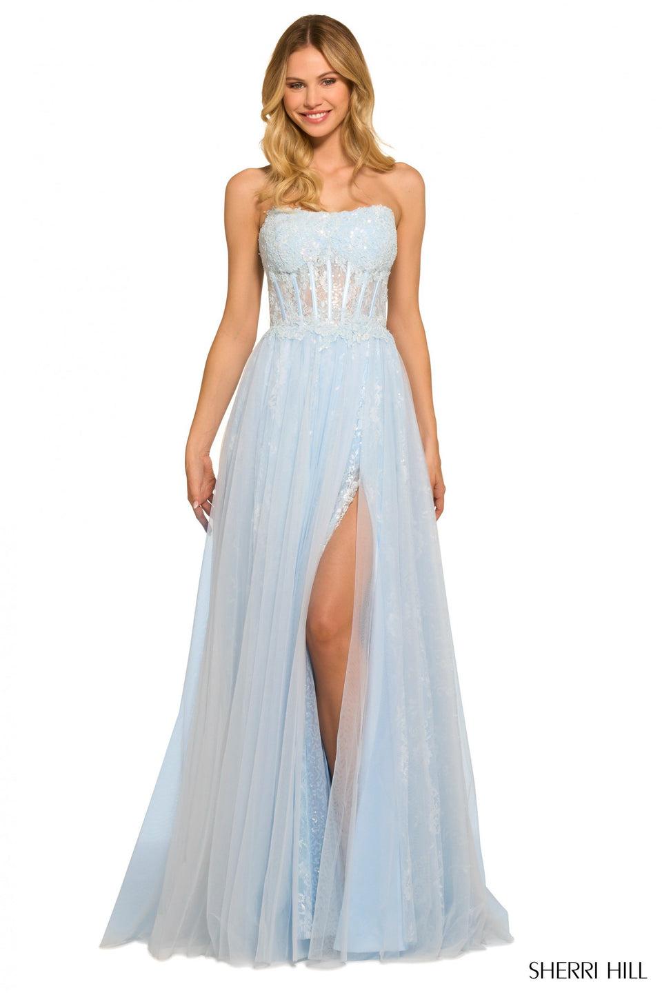 sherri hill Strapless gown with sheer sequin lace corset bodice and tulle skirt