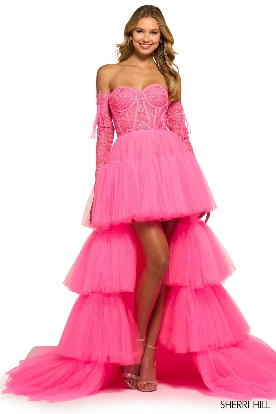 Sherri Hill Strapless High-Low Lace Corset Gown With Ruffle Tier Tulle Skirt Lace Up Back And Detachable Lace Sleeves