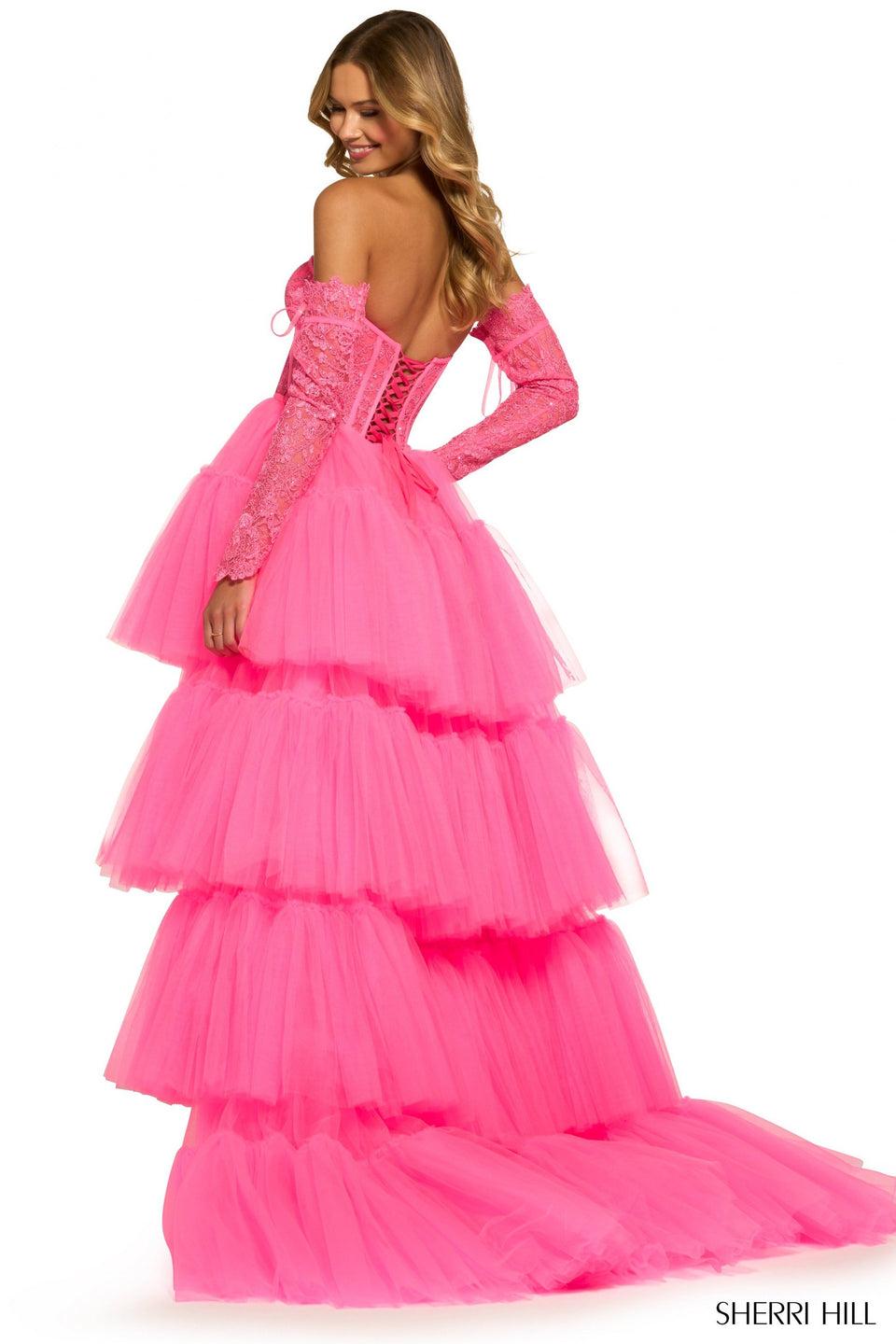 Sherri Hill Strapless High-Low Lace Corset Gown With Ruffle Tier Tulle Skirt Lace Up Back And Detachable Lace Sleeves