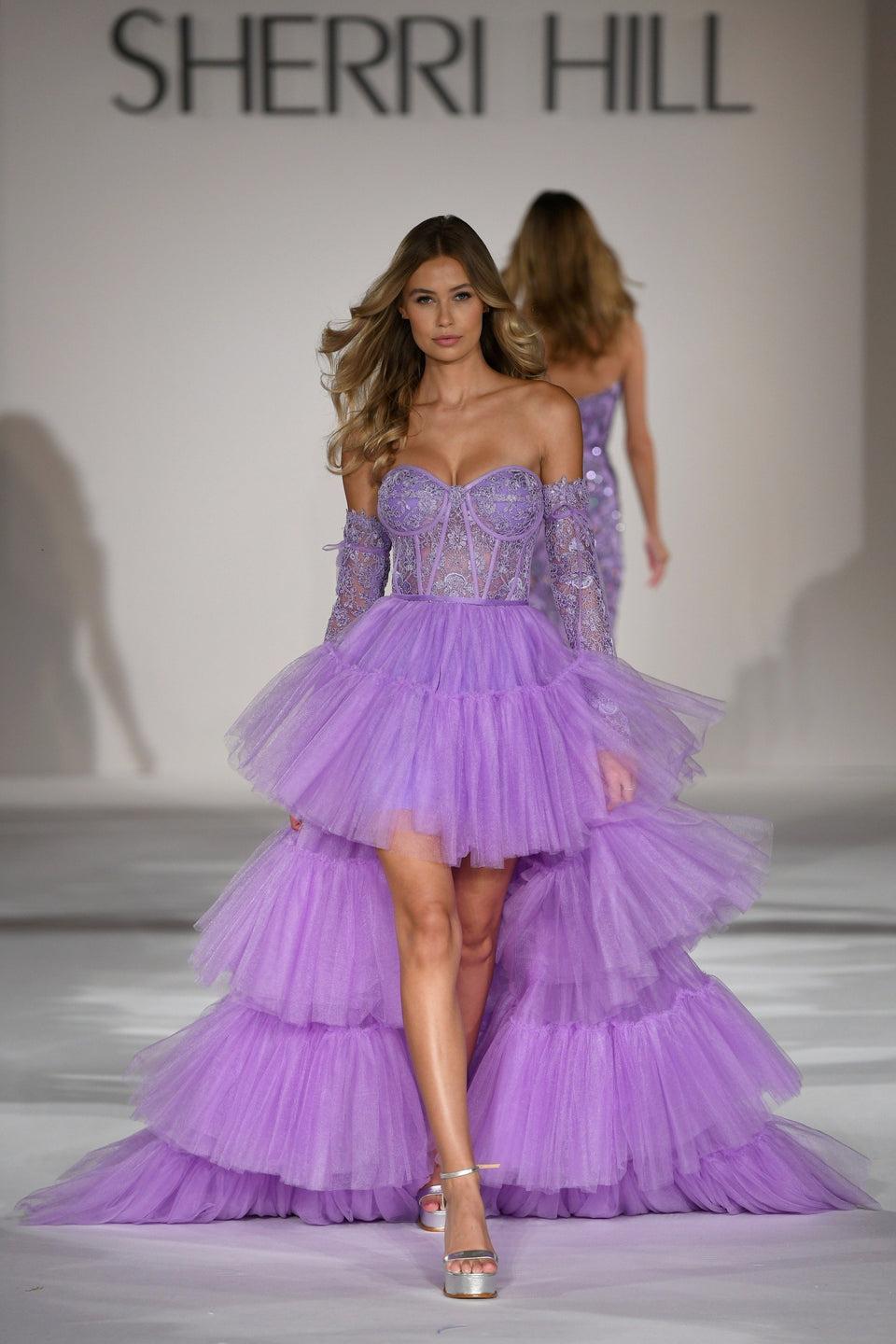 Sherri Hill Strapless High-Low Lace Corset Gown With Ruffle Tier Tulle Skirt Lace Up Back And Detachable Lace Sleeves