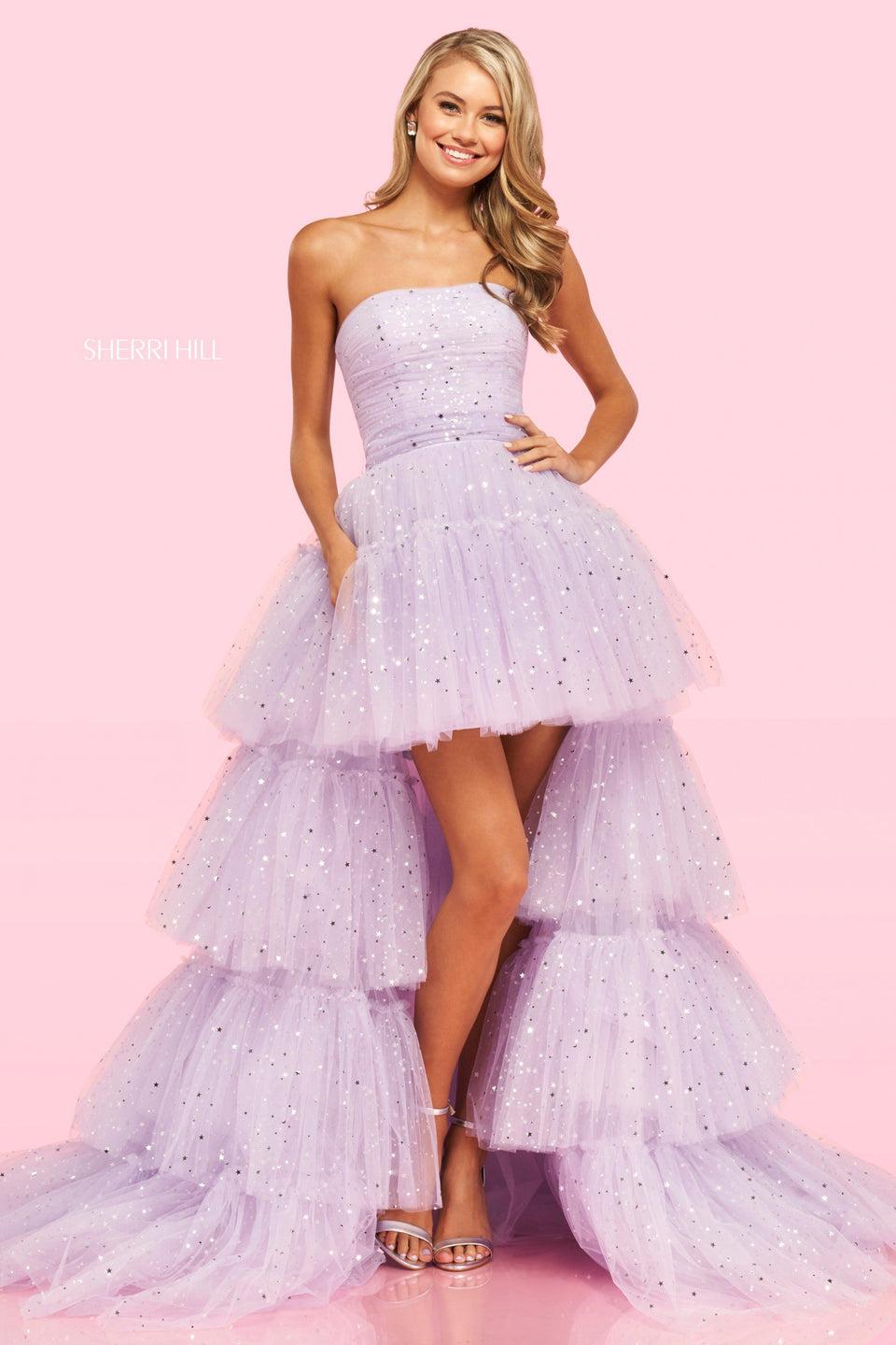 Sherri Hill Strapless High-Low Ruffle Tulle Gown With Metallic Star Pattern And Lace Up Back