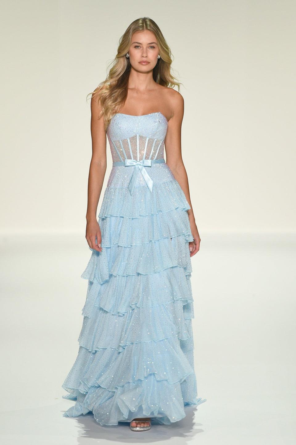 Sherri Hill Strapless Hot Fix A-line Gown With Drop-waist Corset Bodice Bow And A Ruffle Skirt With A Slit