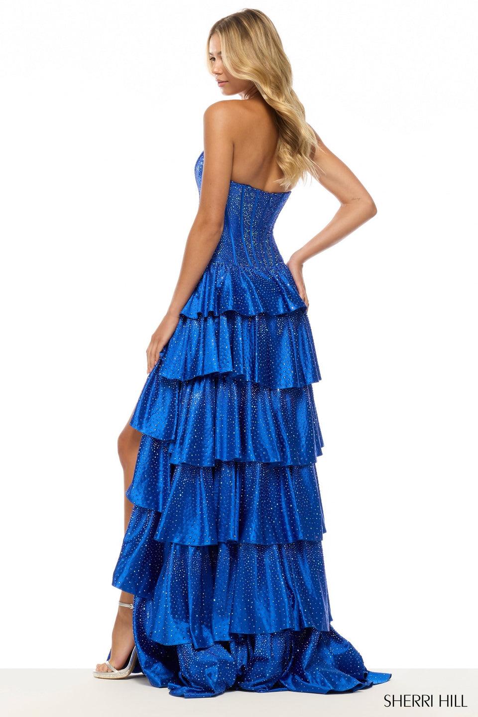 Sherri Hill Strapless Hot Fix A-line Gown With Drop-waist Corset Bodice And A Ruffle Skirt With Slit