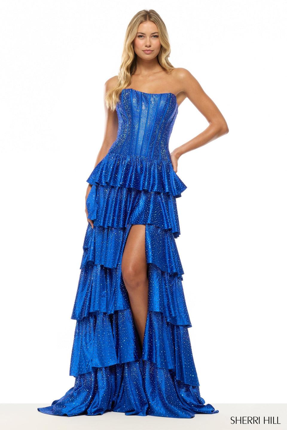 sherri hill Strapless hot fix A-line gown with drop-waist corset bodice and a ruffle skirt with slit