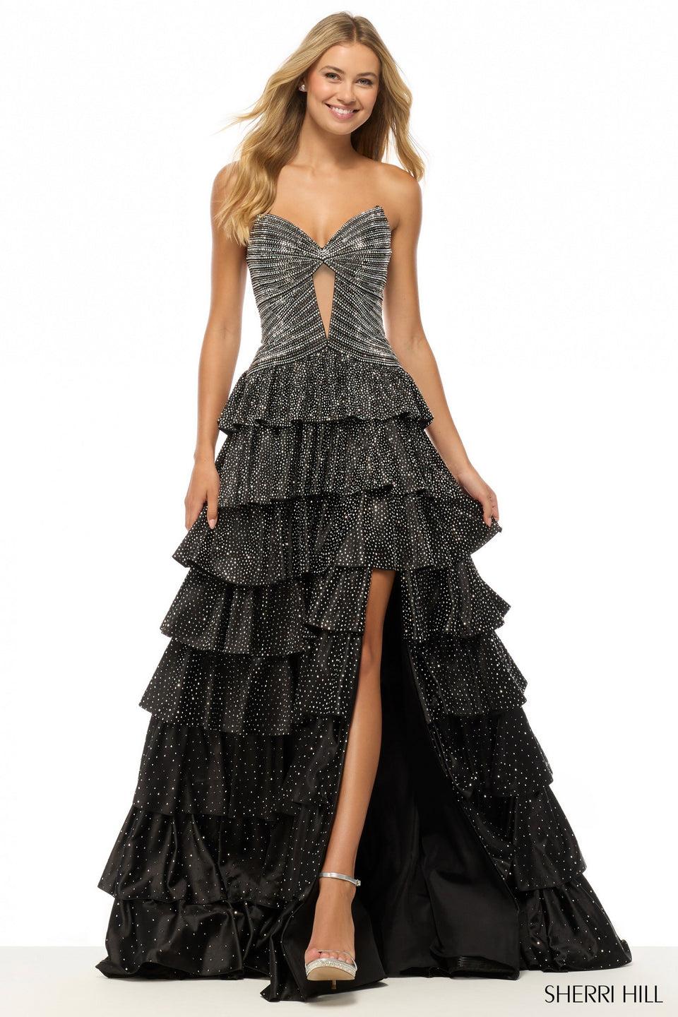 Sherri Hill Strapless Hot Fix Ballgown With Keyhole And Ruffle Skirt With Slit