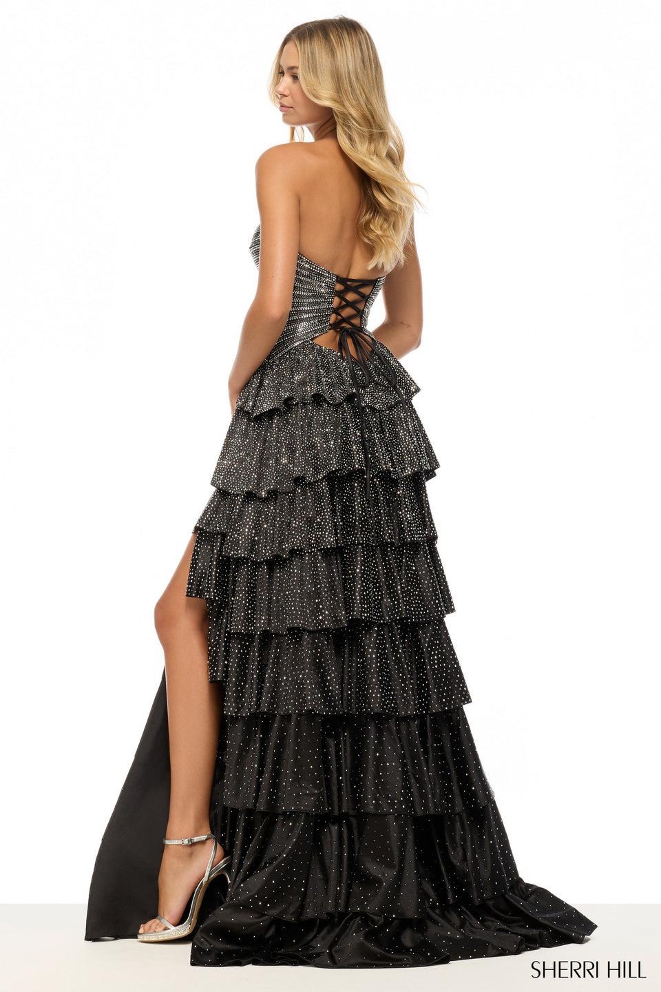 Sherri Hill Strapless Hot Fix Ballgown With Keyhole And Ruffle Skirt With Slit