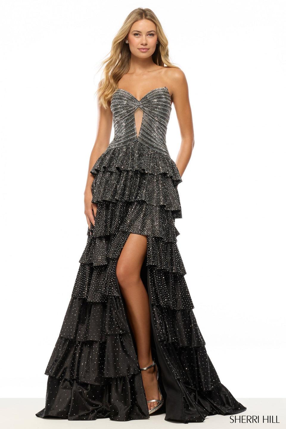 sherri hill Strapless hot fix ballgown with keyhole and ruffle skirt with slit