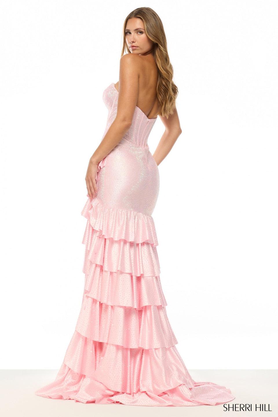 Sherri Hill Strapless Hot Fix Gown With Corset Bodice And Ruffle On Skirt Slit