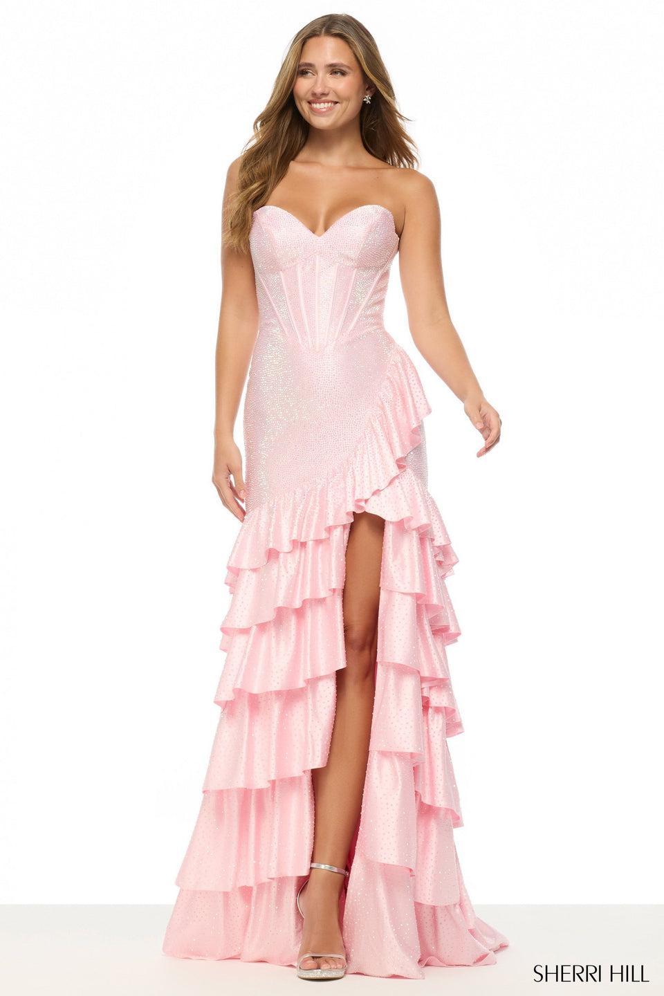 sherri hill Strapless hot fix gown with corset bodice and ruffle on skirt slit