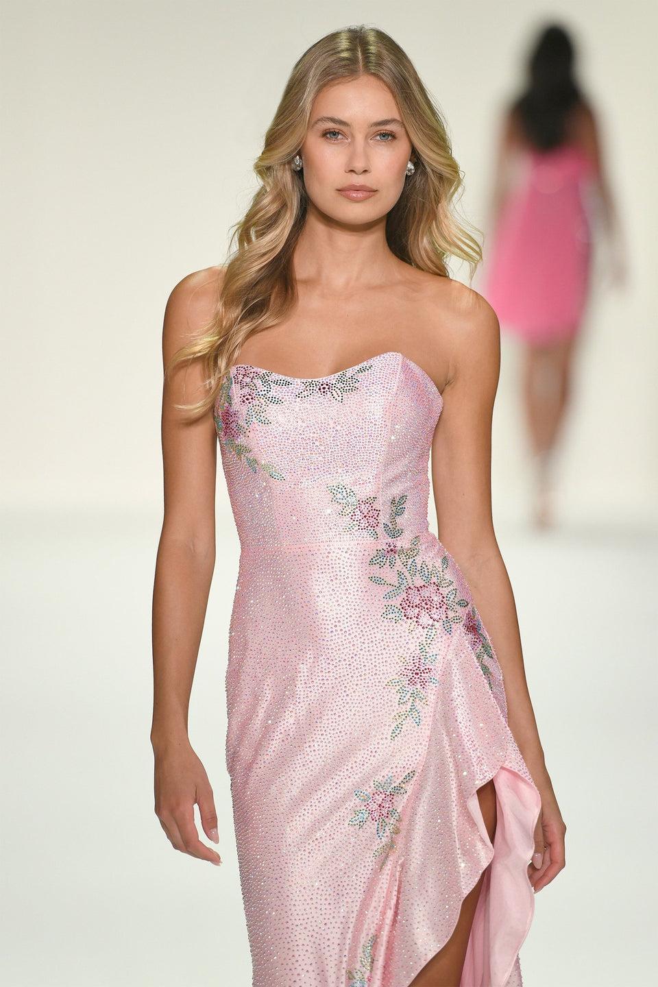 Sherri Hill Strapless Hot Fix Gown With Ruffle On Slit