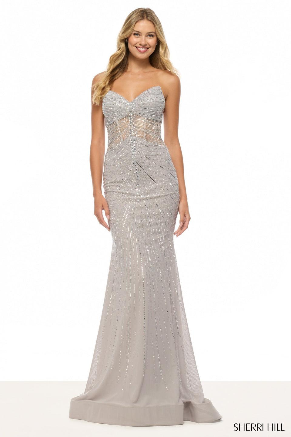 Sherri Hill Strapless Hot Fix Gown With Sheer Corset Bodice