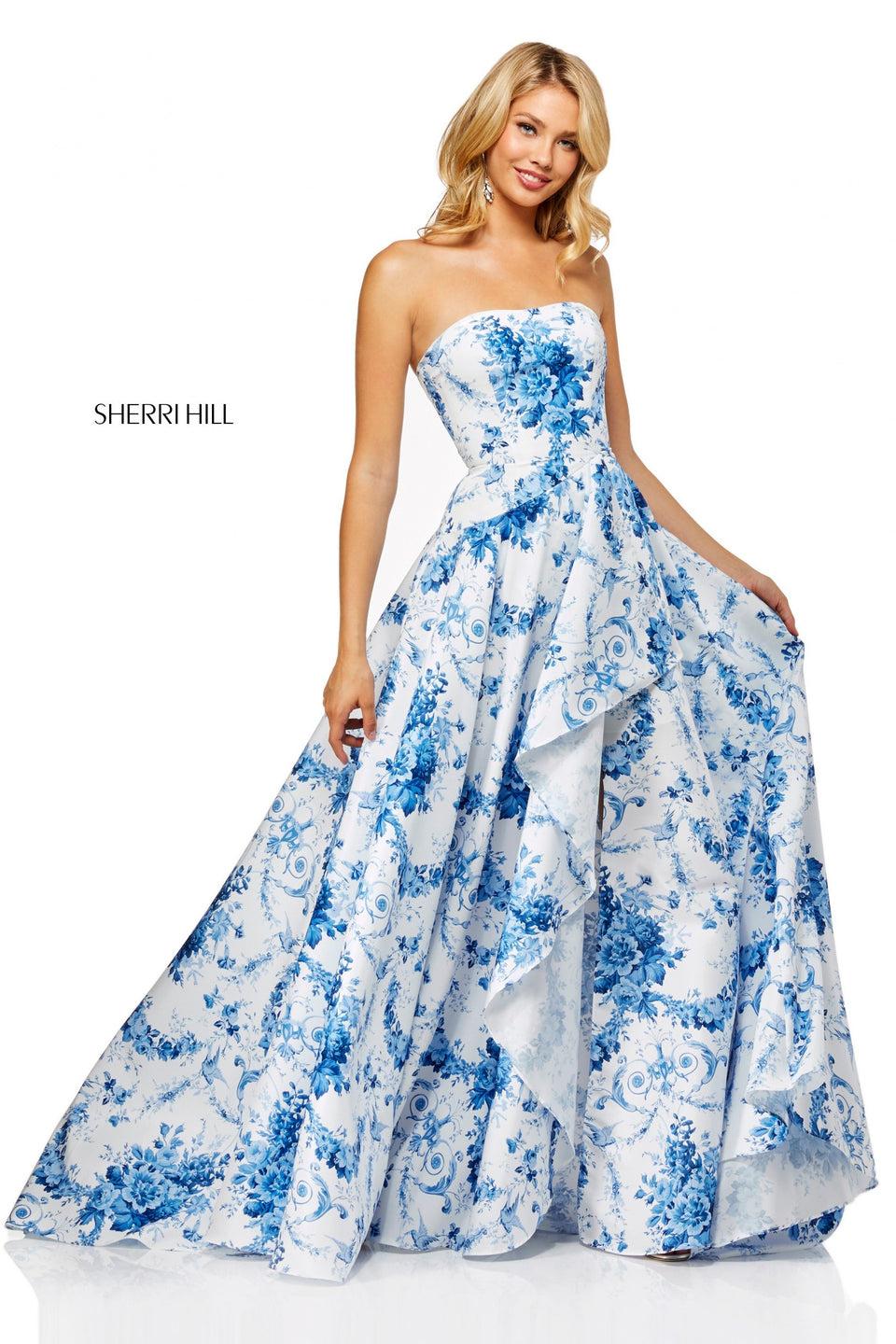 sherri hill Strapless ivory blue print gown with a ruffle front slit