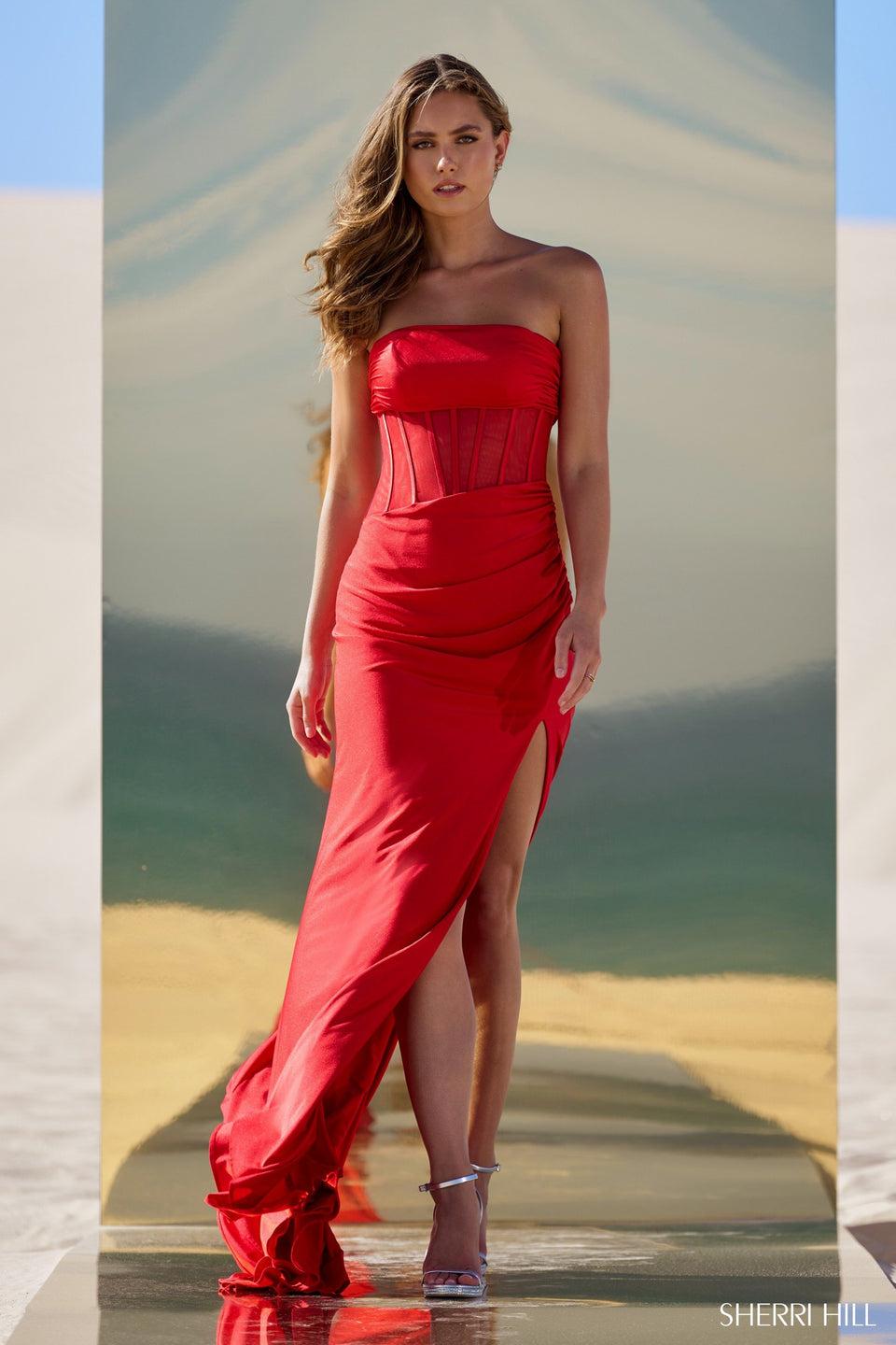 sherri hill Strapless jersey gown with sheer corset bodice and skirt slit