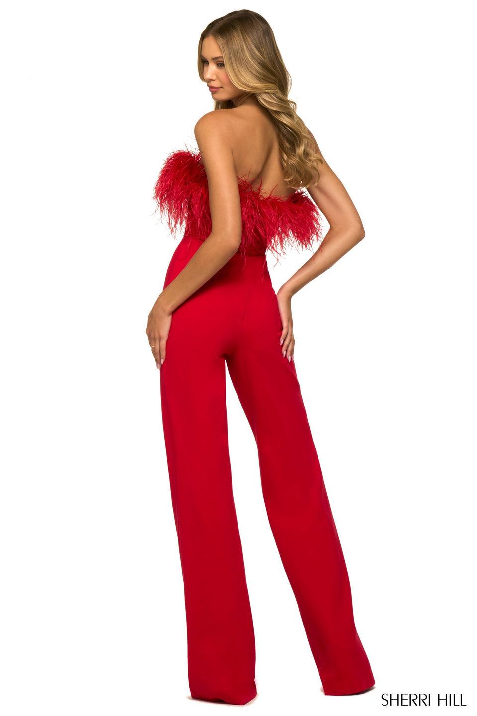 Sherri Hill Strapless Jumpsuit With A Lace Corset Bodice Feathered Trim And Scuba Pants
