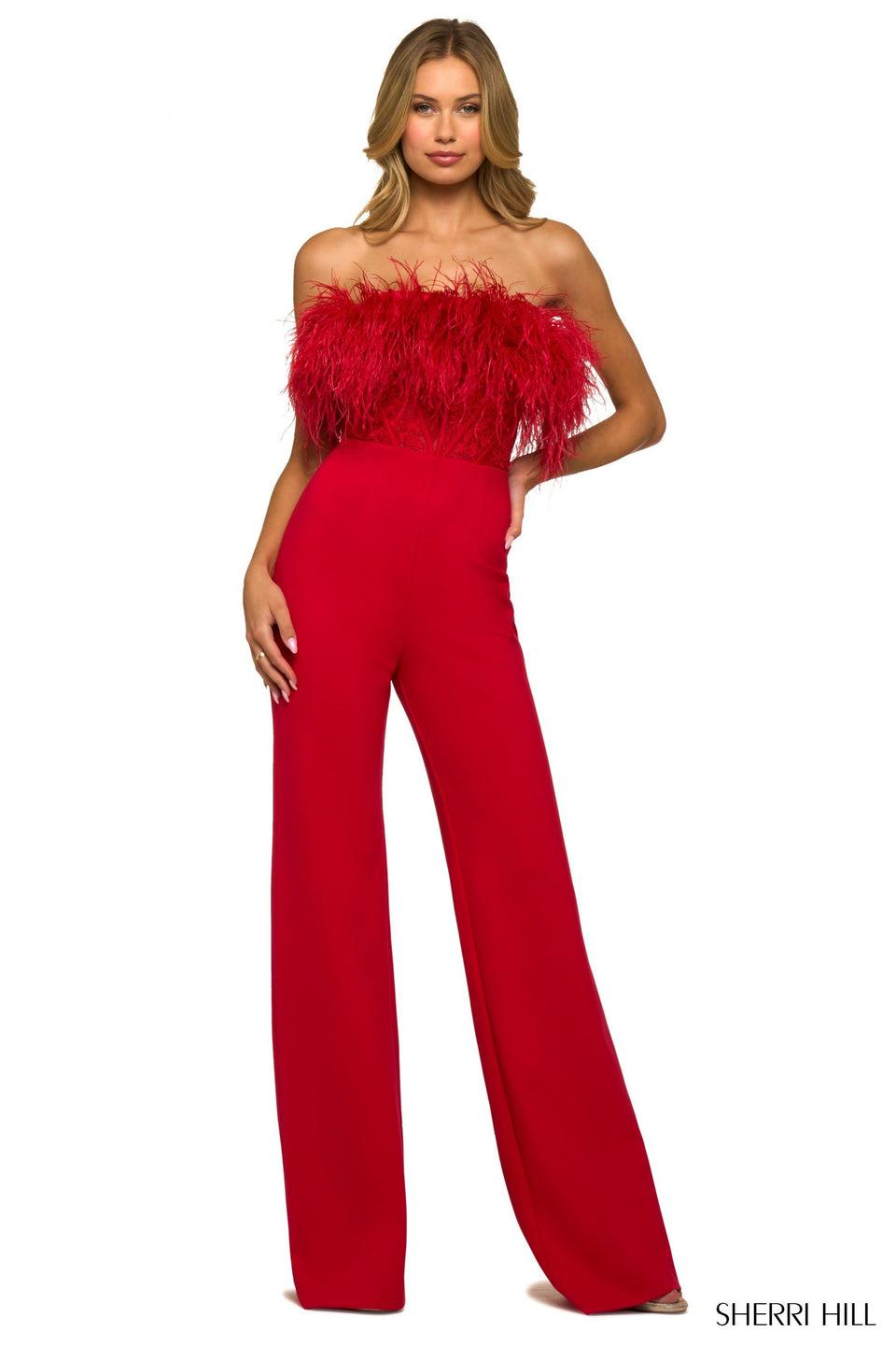 sherri hill Strapless jumpsuit with a lace corset bodice feathered trim and scuba pants