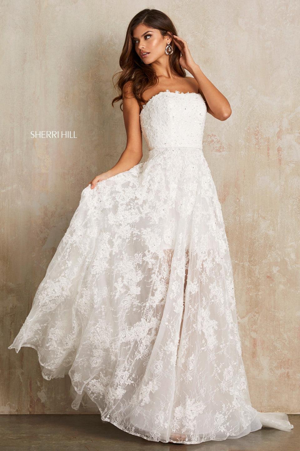 sherri hill Strapless lace A-line gown with a sheer lace skirt