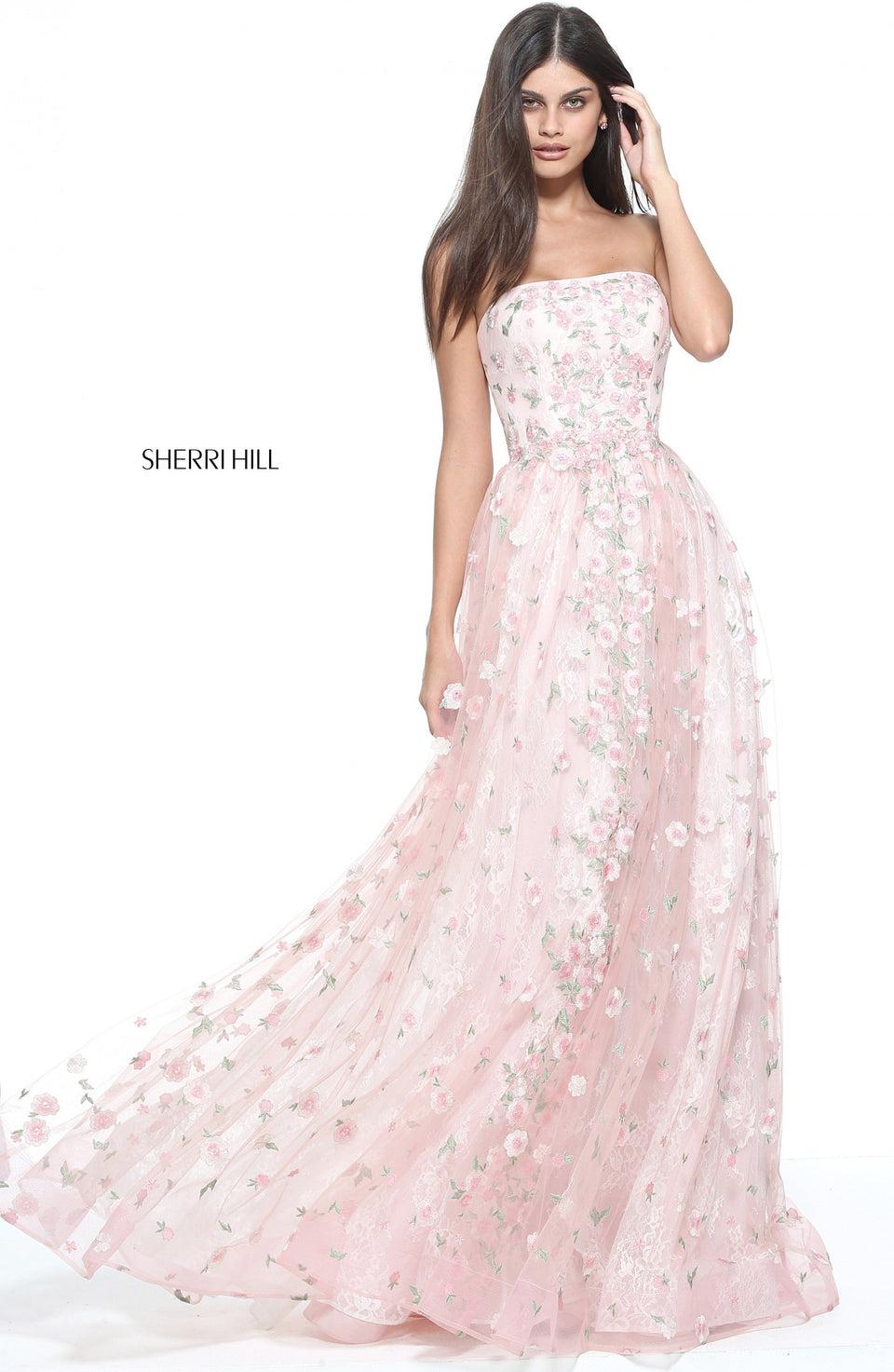 sherri hill Strapless lace and tulle a-line gown with flower appliques on the skirt