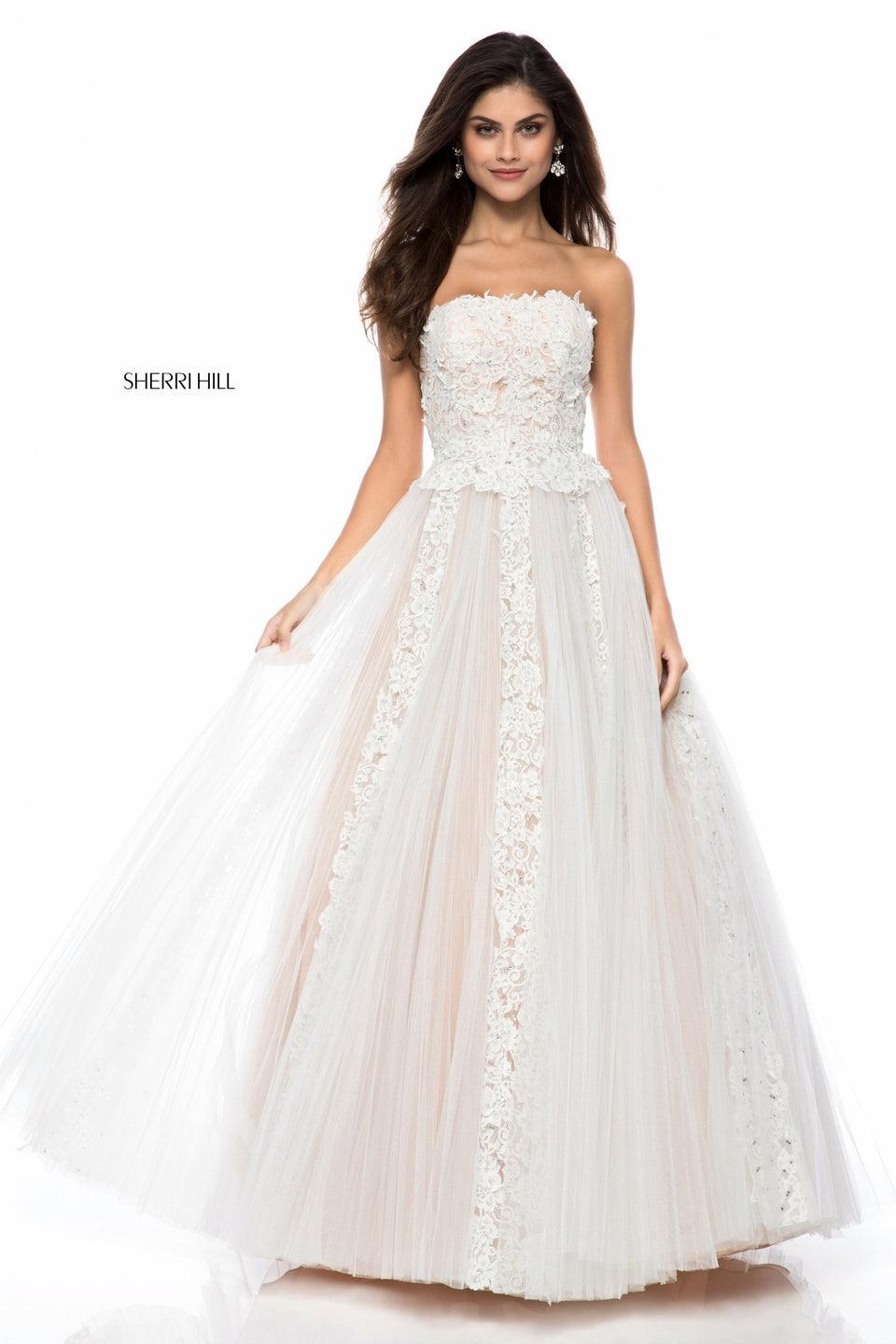 Sherri Hill Strapless Lace Appliqued Ball Gown With Tulle Skirt