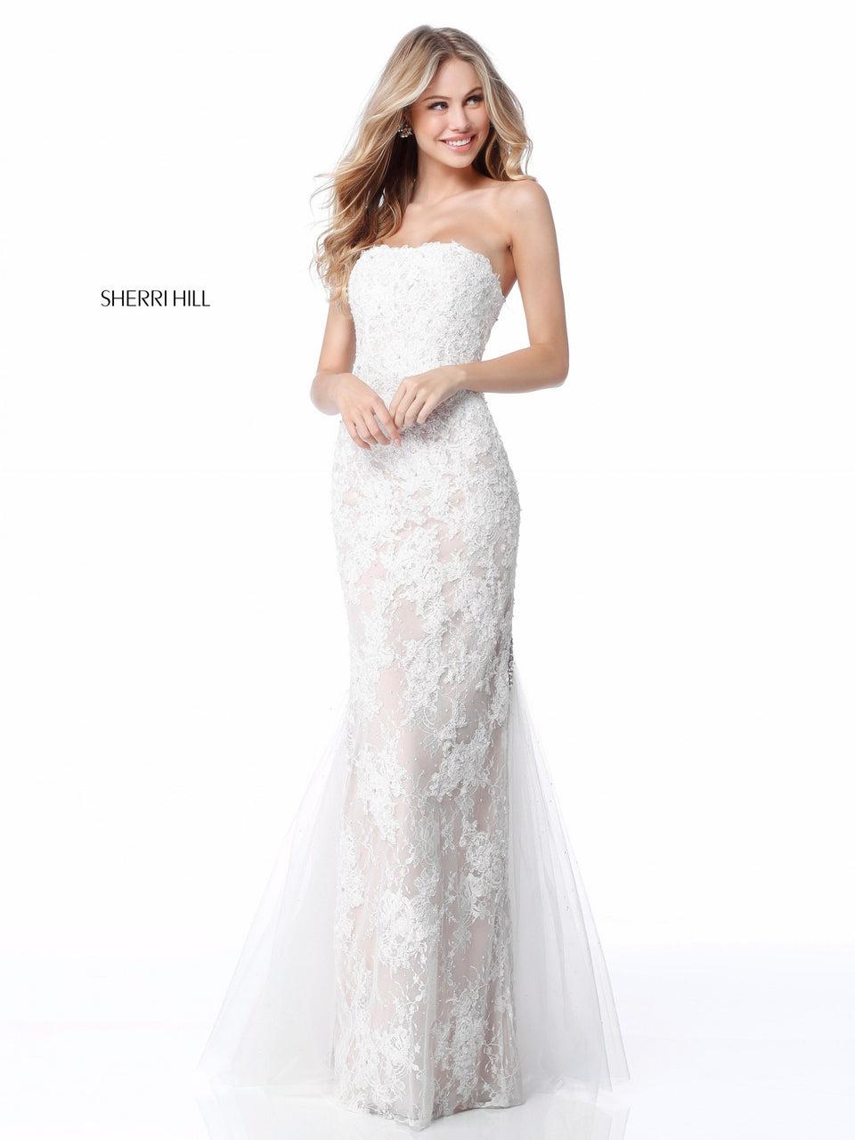sherri hill Strapless lace appliqued fitted gown with tulle train