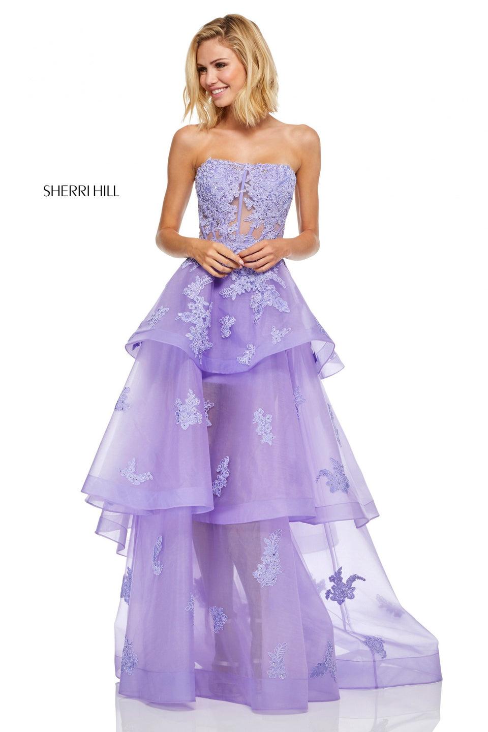sherri hill Strapless lace ball gown with layered tulle skirt