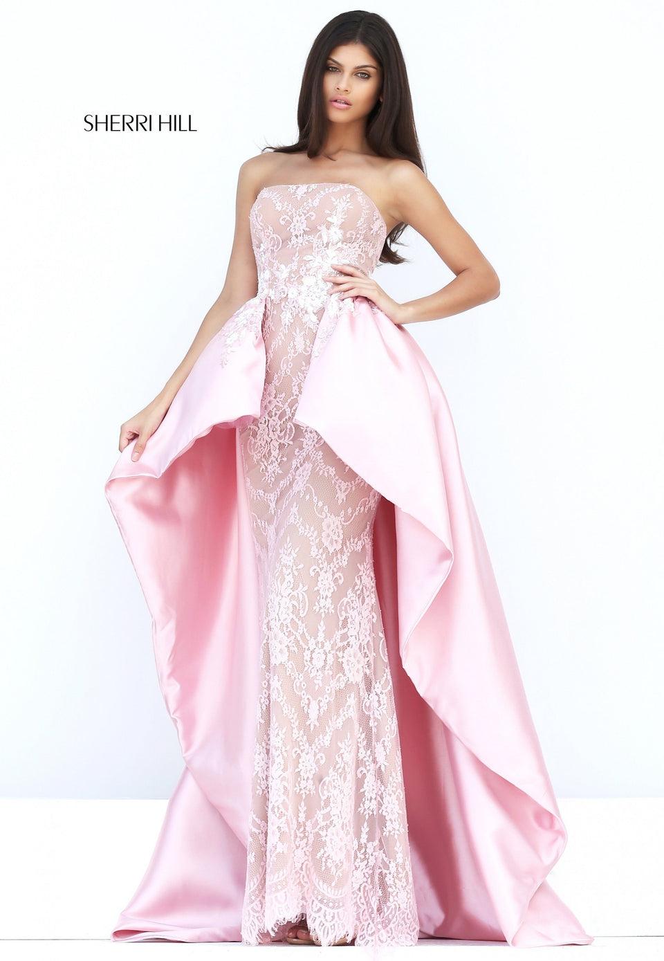 Sherri Hill Strapless Lace Column With Taffeta Overskirt