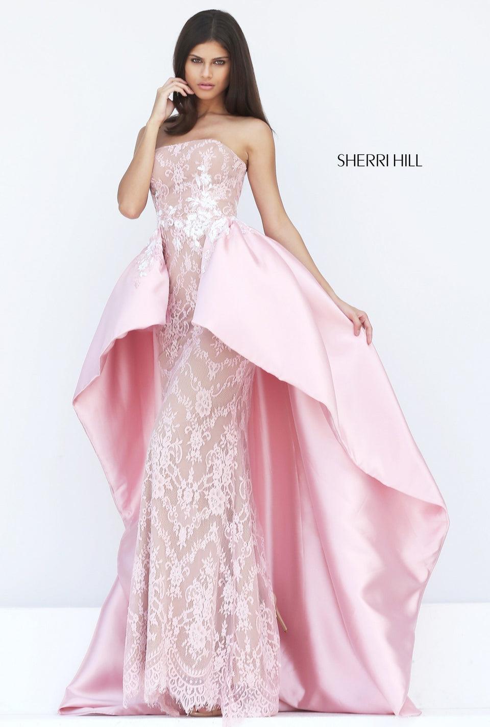 Sherri Hill Strapless Lace Column With Taffeta Overskirt
