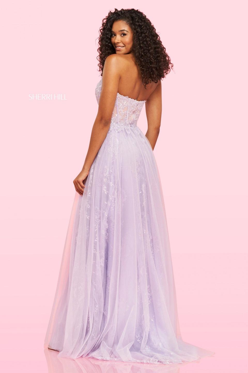 Sherri Hill Strapless Lace Embroidered Boned Bodice With A Lace Under Skirt And Tulle Over Slit Skirt
