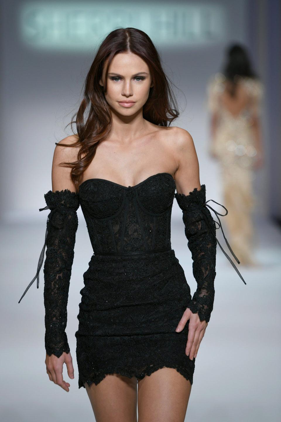 sherri hill Strapless lace fitted cocktail dress with removable sleeves