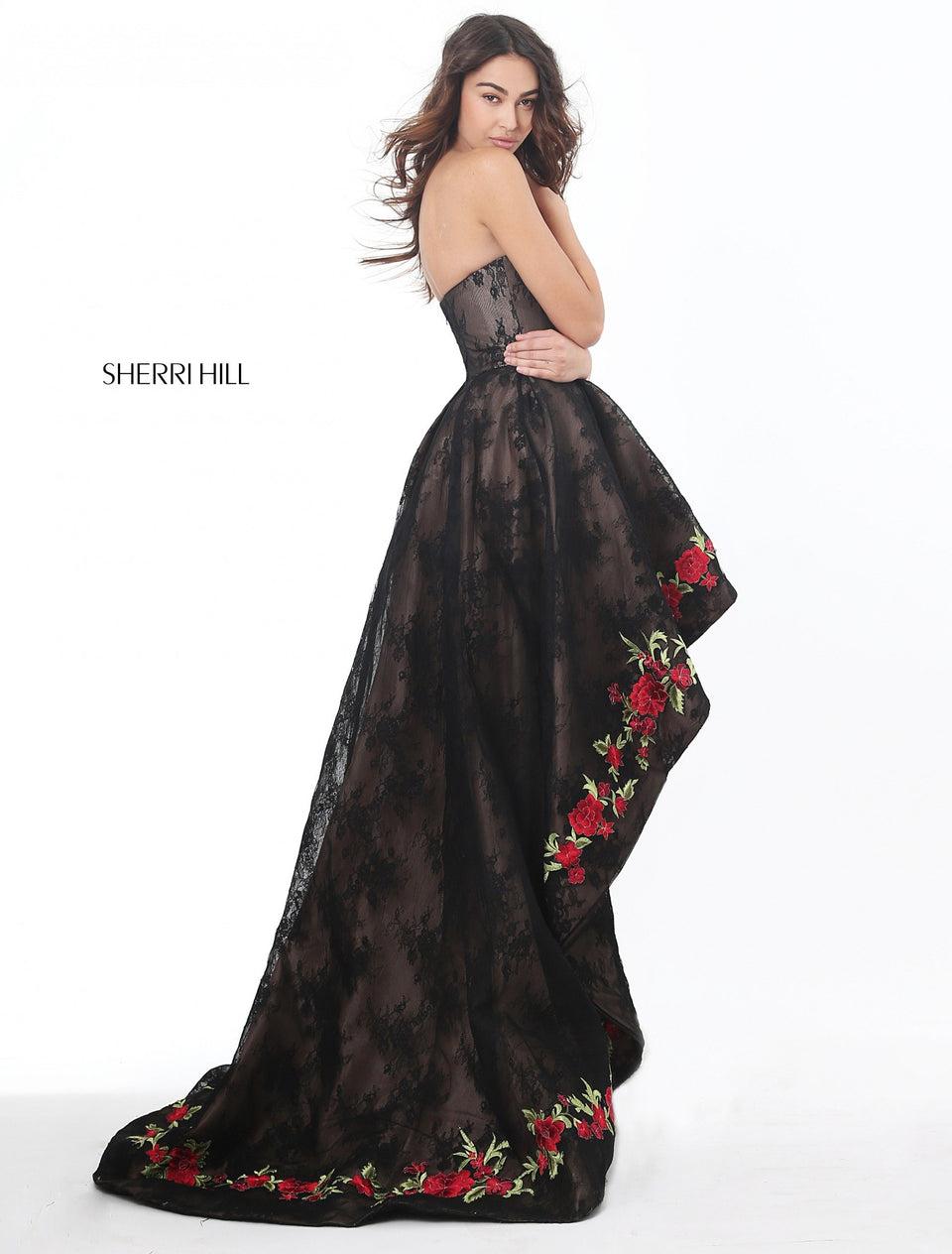 Sherri Hill Strapless Lace High Low With A Flower Embroidered Border On Hem
