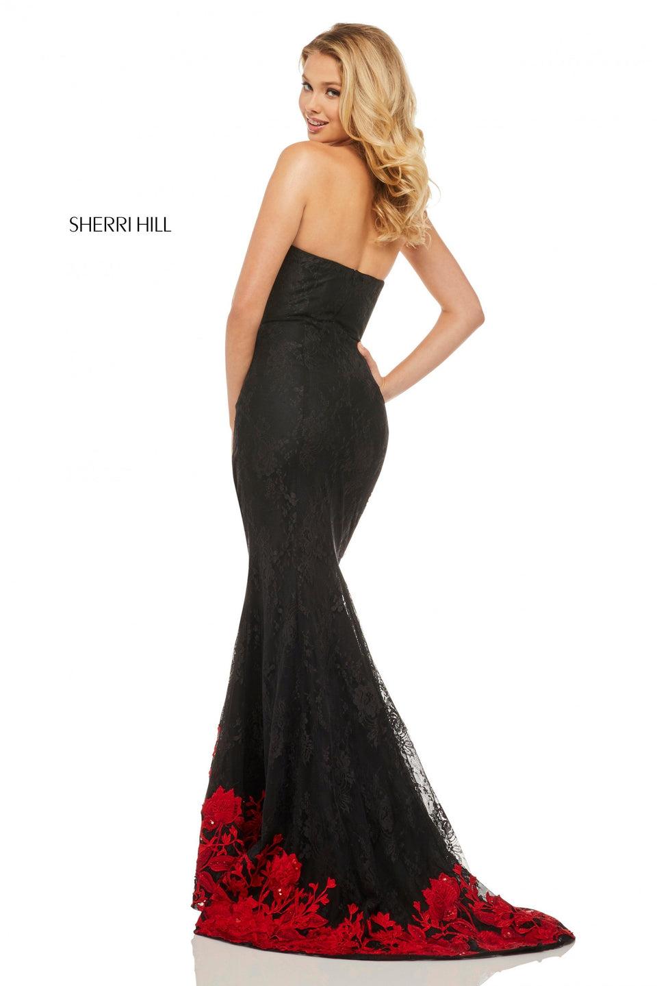 Sherri Hill Strapless Lace Mermaid With Red Floral Lined Slit