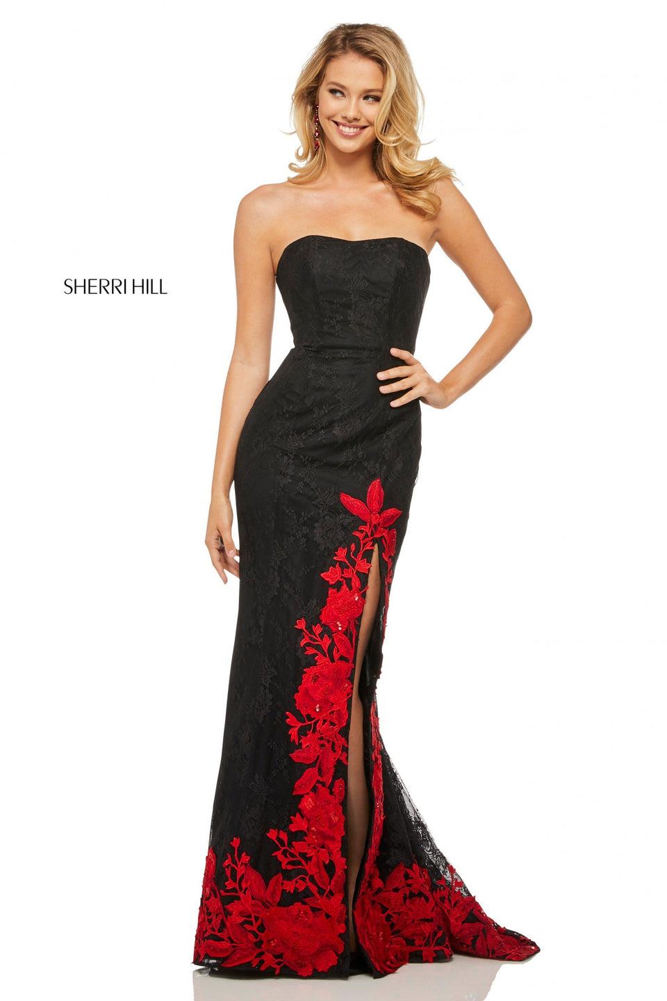 sherri hill Strapless lace mermaid with red floral lined slit