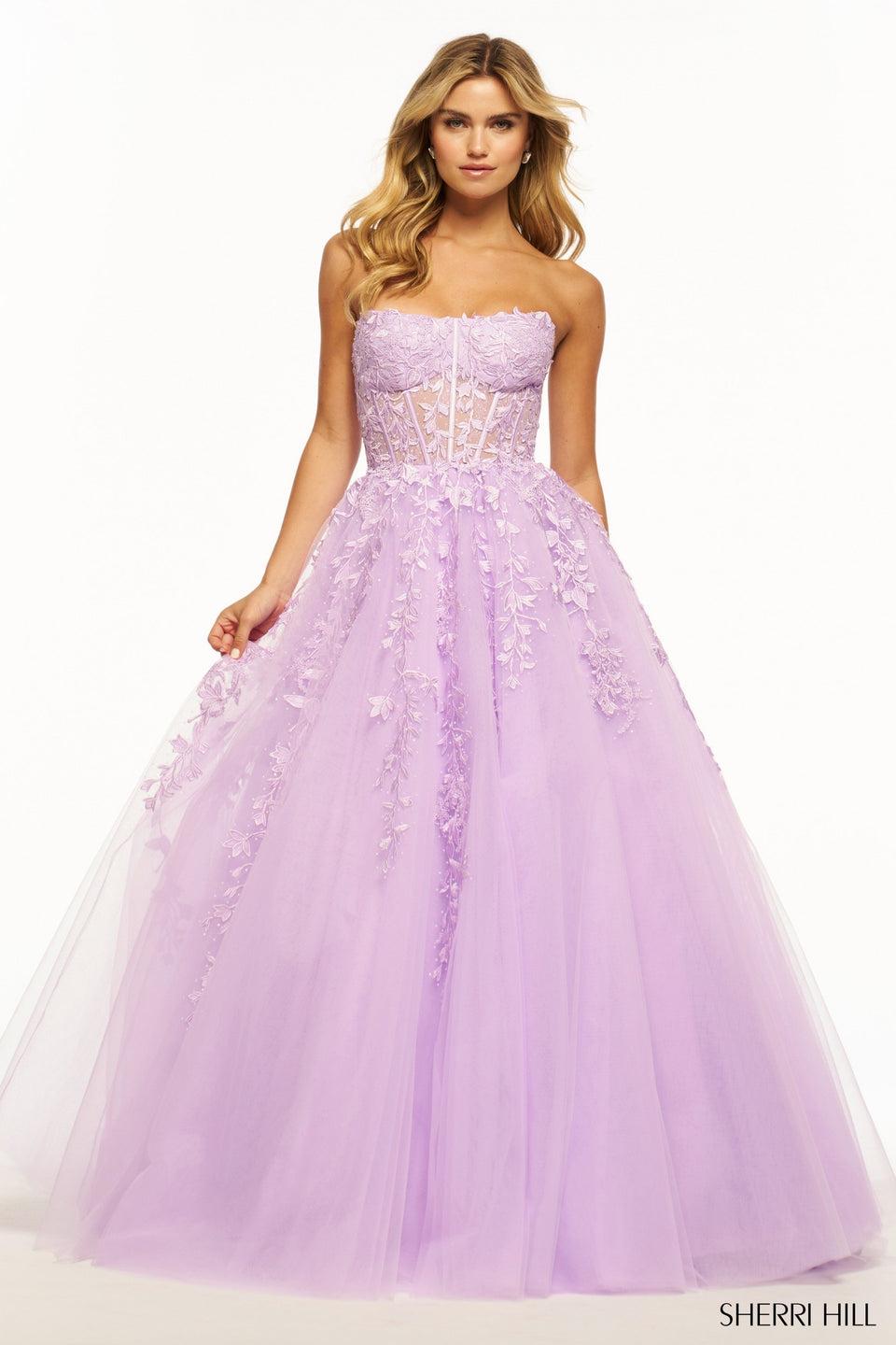 Sherri Hill Strapless Leaf Lace Ball Gown With Sheer Corset Bodice